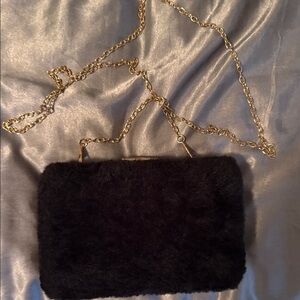 Luxurious Black Faux Fur Clutch with Gold Chain
